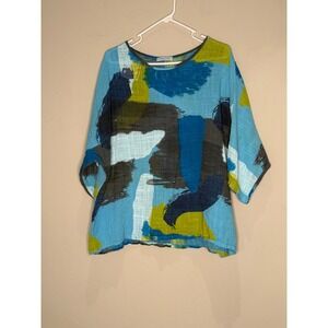 Boho Italy Abstract Print Tunic Top Blouse‎ Oversized XL Coastal Vacation Artsy